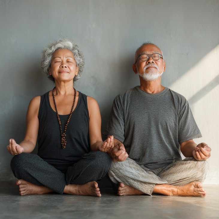 Grupo de adultos mayores en clase de yoga